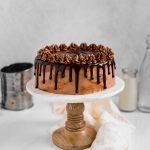 peanut butter brown sugar layer cake with chocolate fudge buttercream and chocolate ganache drip