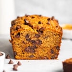 Peanut Butter Chocolate Chip Banana Bread with a slice missing