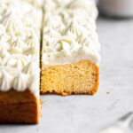 Close up of Frosted Sugar Cookie Bars showing soft and chewy interior