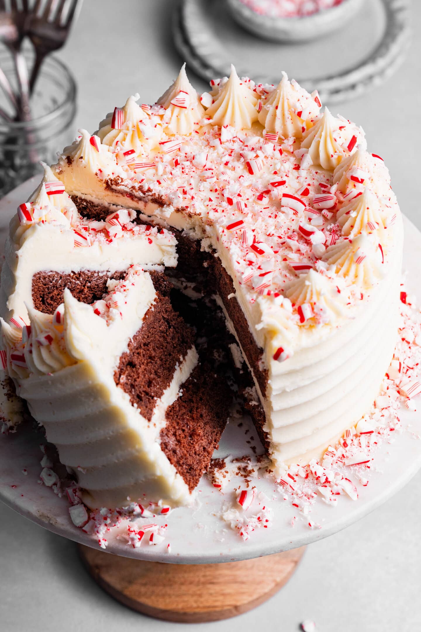 Close up of 6-inch chocolate peppermint cake slices showing off moist interior.