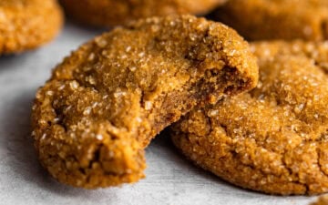 A close up of a molasses cookie with a bite missing showing its soft and chewy texture