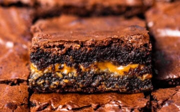 Close up of Biscoff brownies showing fudgy texture with a cookie butter layer in the center.