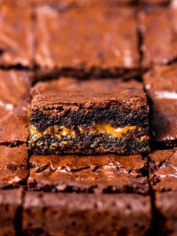 Close up of Biscoff brownies showing fudgy texture with a cookie butter layer in the center.