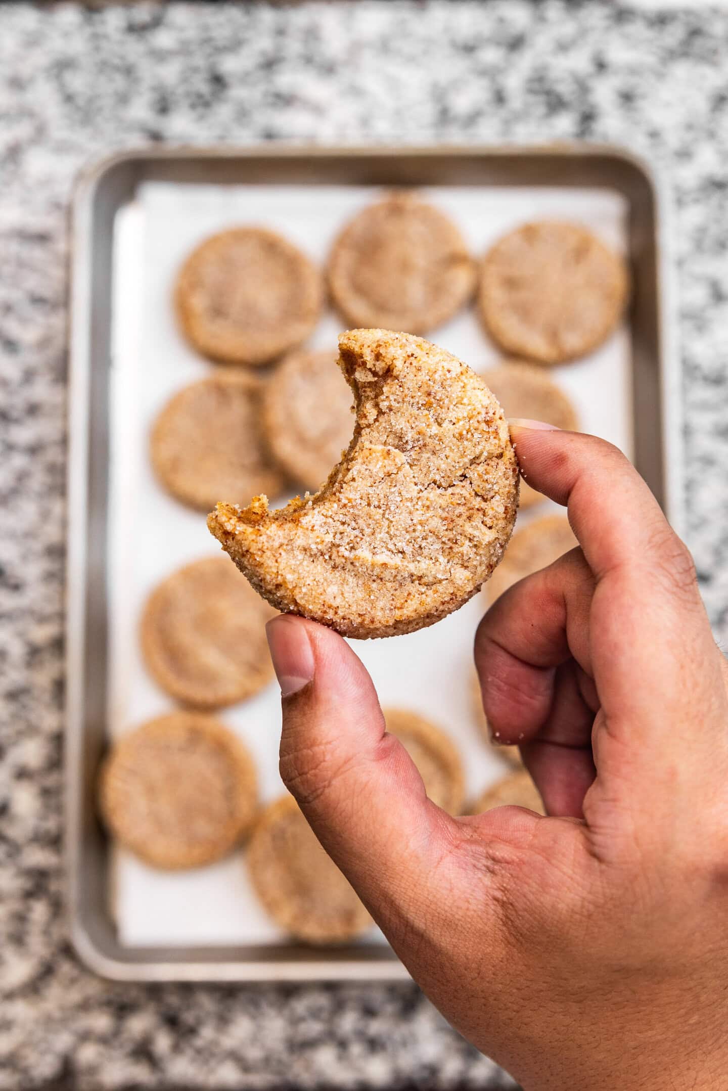 Close up of hand holding an extra-toasty brown butter sugar cookie (with milk powder) with a bite missing from it.